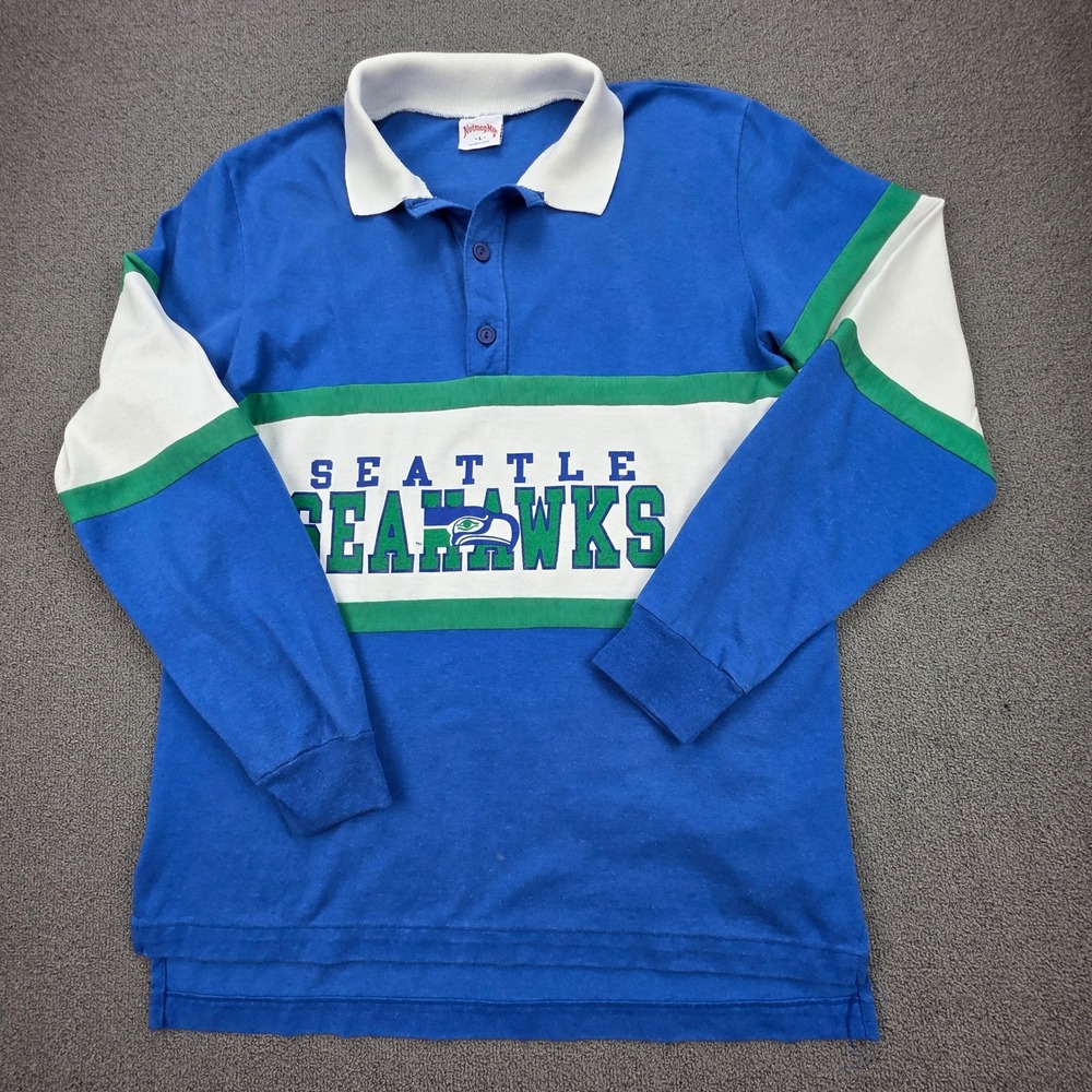 Vintage Nutmeg Mills Seattle Seahawks Long Sleeve Polo Shirt Mens L Blue 90s USA